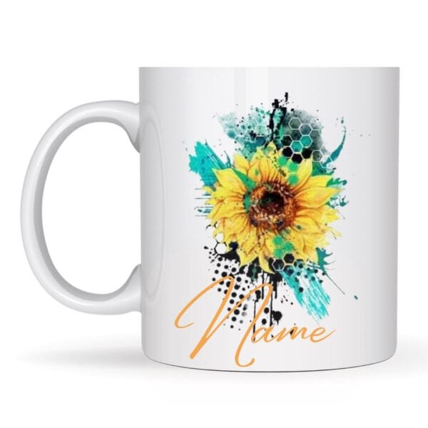 The Sunflower Custom Design is a white mug featuring a bright yellow sunflower, artistic teal and black splashes, and Nurse in elegant orange script at the bottom.