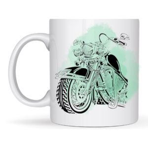 The Splash Background Motorcycle Design mug is a white ceramic mug with a bold black and white motorcycle graphic, accented by a vivid green splash for a striking, modern style.