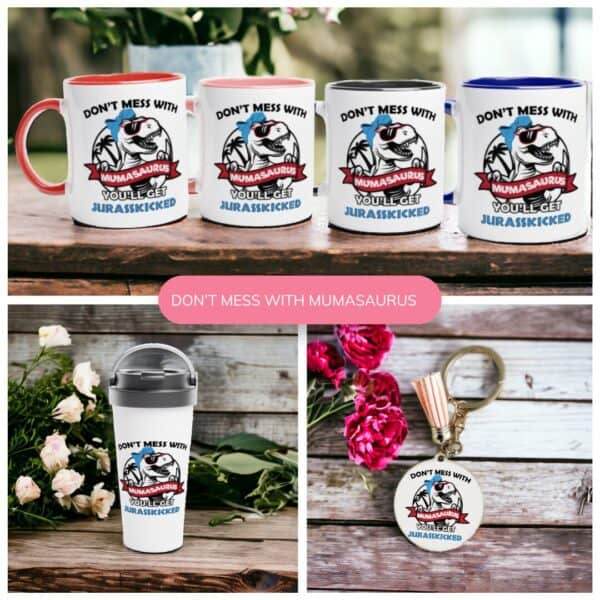 Custom Name Tree Of Life Stainless Steel Keychain Don’t Mess with Mumasaurus or you’ll get juarasskicked mug, travel mug and keyring