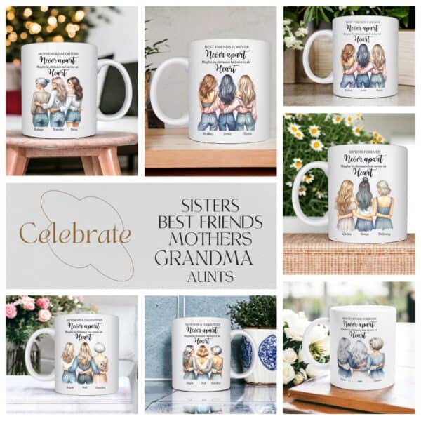 In A World of Princesses Be A Witch Moon Phase coffee mug, travel mug, latte mug The Custom Personalised Best Friend, Sisters or Family Mug displays illustrated women labeled as Sisters, Best Friends, Mothers, Grandma, and Aunts with the phrase Never Apart, Maybe in Distance, Never in Heart in diverse scenes.