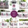 The Just Another Manic Mum Day Drinkware collection features vibrant mugs, cups, and glasses with bold designs of a woman with a bun and sunglasses. Just another Manic Mum Day pops in the center on a purple circle.