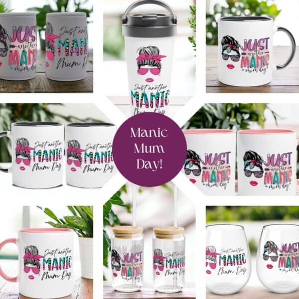 Zodiac Mugs The Just Another Manic Mum Day Drinkware collection features vibrant mugs, cups, and glasses with bold designs of a woman with a bun and sunglasses. Just another Manic Mum Day pops in the center on a purple circle.