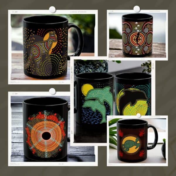 A set of five Aboriginal Art Mugs displays vibrant, dotted animal designs—including dinosaur, turtles, dolphins, and abstract circular motifs—each mug shown separately or grouped.