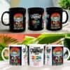 Two rows of Daddy Shark Personalised Mugs show colorful designs. Each mug features a cartoon shark in sunglasses and the phrases “Daddy Shark Doo Doo Doo” and “Happy Father’s Day 2024, Love Always Jye/Owie” in playful fonts.