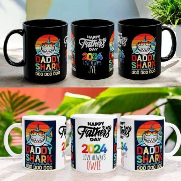 Two rows of Daddy Shark Personalised Mugs show colorful designs. Each mug features a cartoon shark in sunglasses and the phrases “Daddy Shark Doo Doo Doo” and “Happy Father’s Day 2024, Love Always Jye/Owie” in playful fonts.
