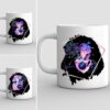 Zodiac Mugs: White ceramic mug with a vibrant illustration of a person with long hair and hat, holding the Sagittarius symbol against a black abstract background, with Sagittarius in cursive.