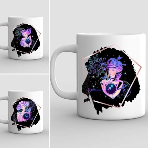 Zodiac Mugs Zodiac Mugs: White ceramic mug with a vibrant illustration of a person with long hair and hat, holding the Sagittarius symbol against a black abstract background, with Sagittarius in cursive.