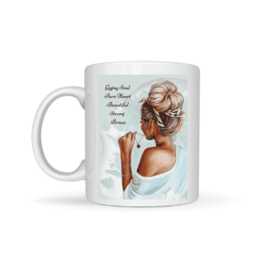 The Strong Wild Brave Beautiful Mug features a wild, beautiful woman with a messy bun holding a necklace, off-shoulder top, and “Gypsy Soul, Pure Heart, Beautiful, Strong, Brave” text on a pastel background. Matching keyring available.