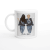 The Personalised Best Friends Become Sisters Ceramic Mug features two women, arms linked with drinks, shirts reading Friends and Best Friends, and Flick & Jules below—perfect for best friends or sisters!.