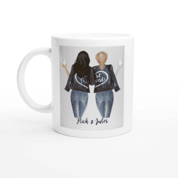 The Personalised Best Friends Become Sisters Ceramic Mug features two women, arms linked with drinks, shirts reading Friends and Best Friends, and Flick & Jules below—perfect for best friends or sisters!.