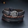 The Mens 4Pcs/Set Leather Bracelets feature layered dark brown leather bands, braided cords, wooden beads, and a metal tree of life charm—making them a stylish addition to any mens bracelet collection.