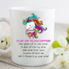 Cup of Fuckoffee! Coffee Mug The Cup of Fuckoffee! Coffee Mug, featuring a colorful unicorn and a funny recipe starting CUP OF FUCKOFFEE, sits on a white table beside blooming white flowers and green leaves.