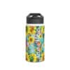The Sunflower on Teal Design Personalised Water Bottle has a black lid, vibrant sunflower pattern on a teal background, and features your chosen name written vertically in white script.