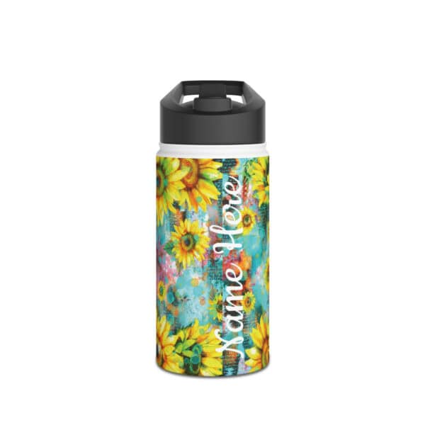 The Sunflower on Teal Design Personalised Water Bottle has a black lid, vibrant sunflower pattern on a teal background, and features your chosen name written vertically in white script.
