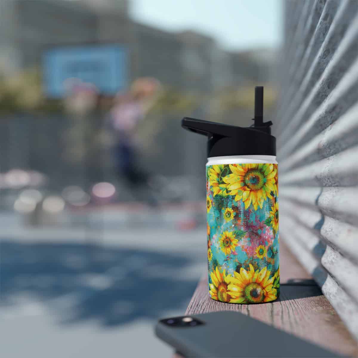 77044-26.jpg Sunflower on Teal Design Personalised Water Bottle - Image 6