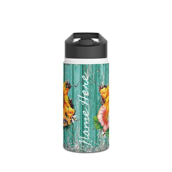 Sunflower Daisy Teal Wood Design Personalised Water Bottle sunflower and teal , personalised stainless steel water bottle