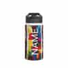 A vibrant Skull and Roses Design Personalised Water Bottle with a black lid, featuring bold abstract art and large vertical white text reading NAME on the side.