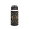 The Black Cat Pentagram Water Bottle is a dark-colored bottle with a black lid, adorned with gold geometric and mystical designs, including symmetrical patterns, a pentagram, animal skulls, and subtle black cat illustrations.