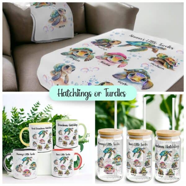 Black Cockatoo Aboriginal Design Mug A collage displays Hatchlings or Turdles Personalised Homewares: baby blankets, a family-name blanket, ceramic mugs, and glass jars with straws—all with cute turtle designs and family titles. Text reads: Hatchlings or Turdles.