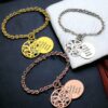Sterling Silver Family Tree Engraved Bracelet With Birthstones Three chain bracelets in gold, silver, and rose gold, each with engraved round pendants and colorful gemstones, are inspired by the Sterling Silver Family Tree Engraved Bracelet With Birthstones.