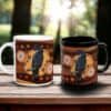 Two Black Cockatoo Aboriginal Design Mugs with vibrant patterns rest on an outdoor wooden surface, sunlight filtering through the surrounding trees.