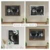 Moon Phase Framed Print For Mum or Dad A collage of four Moon Phase Framed Print For Mum or Dad hangs on the wall, each with botanical details, personalized names and dates below moon phase images, and “MOON PHASE PRINTS” labeled in the center.