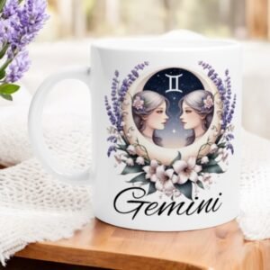 Gemini Girl Mug. Twin girls with lavender flower