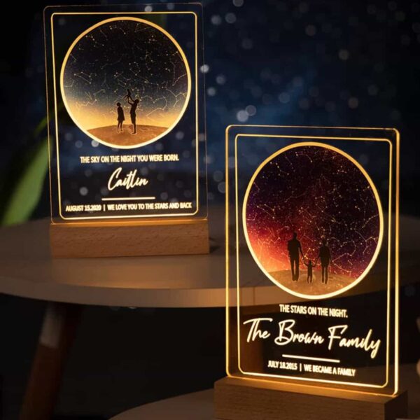 Crystal Gemstone Halo Lamp The Custom Night Sky Night Light features two illuminated acrylic plaques on wooden bases, displaying a starry sky and two silhouettes. Personalize each with names, messages, and dates to create a uniquely meaningful gift.