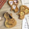 The Personalised Guitar Picks With Case is a wooden, guitar-shaped box engraved with Kevin, opening to reveal three photo slots and three heart-shaped messages: I love you Daddy, I pick you always, and L&B 09.22.