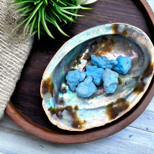 Lepidolite Mini Tower Crystal Several Blue Magnesite Tumble Stones are displayed in an iridescent abalone shell on a round wooden tray, accompanied by a green artificial air plant and beige textured fabric on a light-toned surface.