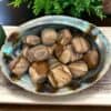 Picture Jasper stones display their brown and tan swirls in a polished abalone shell bowl, set on a wooden surface with green foliage in the background.