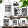 The Straight Outta Money Dad Life Drinkware collection features six items—mugs, a tumbler, and a glass—with bold black text on white labels. Perfect for #DadLife, theyre shown on wooden surfaces next to green plants.