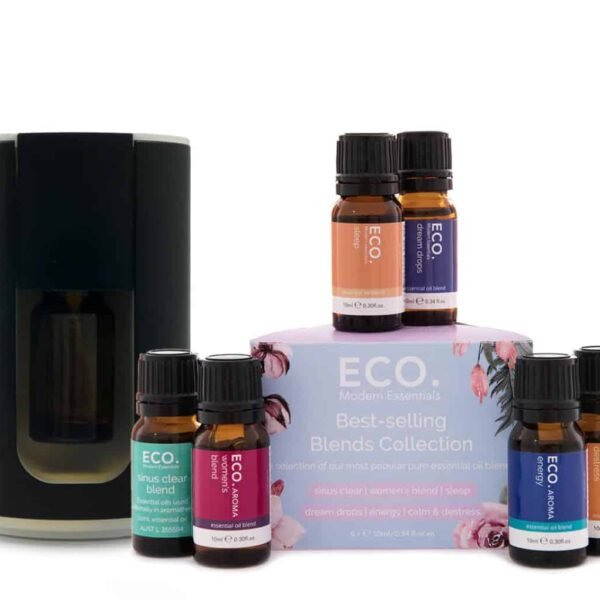 The Cordless Travel Diffuser & Best Blends Aromatherapy Bundle features a black diffuser, five ECO. Modern Essentials oils, and a lavender-pink “Best-Selling Blends Collection” box for portable aromatherapy anywhere.