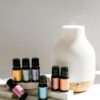 Chakra Collection with Diffuser Aromatherapy Bundle The Chakra Collection with Diffuser Aromatherapy Bundle features a white ceramic diffuser and seven colorful essential oil bottles, elegantly arranged on stone blocks with steam rising, all set against a neutral background.
