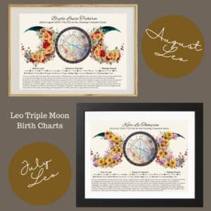 Two framed Birth Chart & Traits Leo Triple Moon prints feature vibrant floral and celestial designs, labeled July Leo and August Leo on brown circles, highlighting astrology symbols for a colorful zodiac-inspired display.