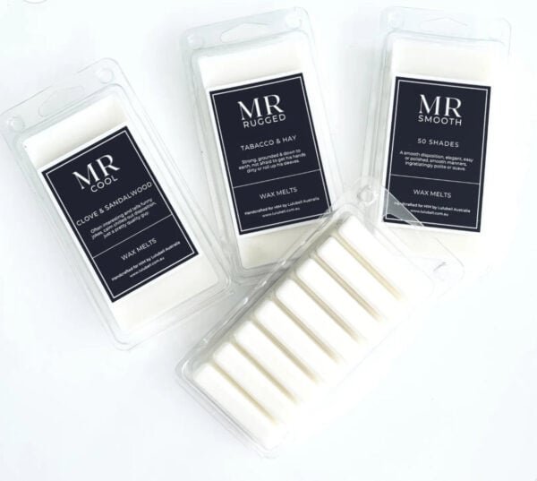 The Wax Melts For Him set includes four packages—“MR COOL,” “MR RUGGED,” “MR SMOOTH,” and “SO SHADES”—each featuring a unique masculine scent and description, all shown on a white background.