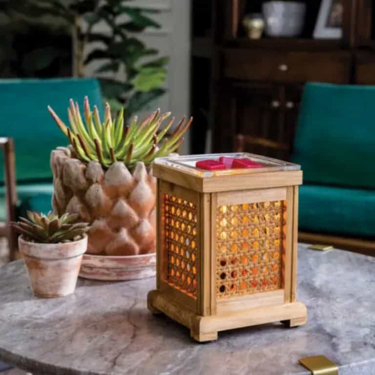 Mint Flip Dish Wax Warmer A wooden lantern glows on a marble table beside two potted succulents. Behind, the Wood & Cane Vintage Bulb Wax Warmer adds cozy ambiance among green chairs and wooden furniture.