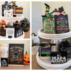 The Halloween Tire Tray Decorations and Bundles feature witch legs, pumpkins, potion bottles, spooky signs, and festive jars—perfect for playful orange, black, and green Halloween displays.