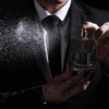 A person in a black suit sprays Mens Colognes from a glass bottle, creating a fine mist. The dark background highlights the luxurious fragrance and stylish attire.