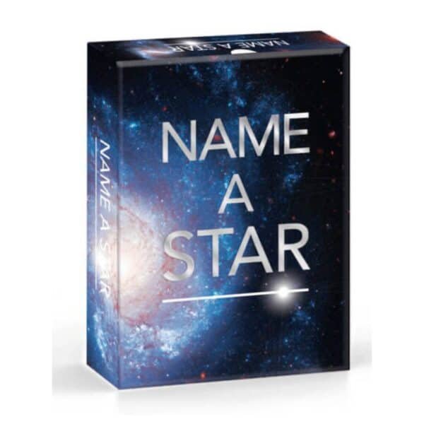The Name A Star Gift Set comes in a dark blue box featuring a galaxy image and NAME A STAR in bold white letters, making it a unique gift perfect for celebrating special occasions.
