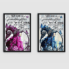 The Granddaughter Of Witches Wooden Framed Print set features two prints with long-haired witches (pink left, blue right), butterflies, pumpkins, and the phrase: Granddaughter Of Witches you couldn’t burn.