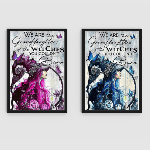 The Granddaughter Of Witches Wooden Framed Print set features two prints with long-haired witches (pink left, blue right), butterflies, pumpkins, and the phrase: Granddaughter Of Witches you couldn’t burn.