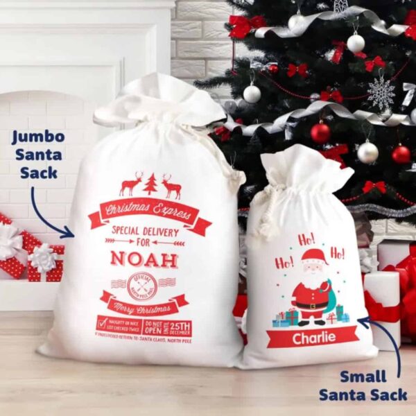 Two Santa Sacks Custom and Personalised are in front of a decorated tree: a large sack with festive red text for Noah, and a smaller sack featuring a Santa illustration for Charlie. Stockings hang by the fireplace in the background.