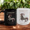 Capricorn Seagoat Zodiac Traits Mug The Capricorn Seagoat Zodiac Traits Mug, available in black and white, showcases a detailed goat-fish illustration surrounded by words like determined, practical, and ambitious—perfect for celebrating Capricorn’s bold spirit.