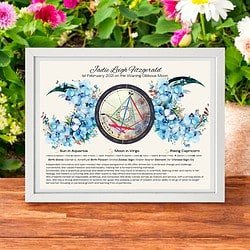 The Aquarius Birth Chart and Traits Triple Moon with Orchids is shown outdoors on a wooden surface, surrounded by blooming flowers. This art is available as a download, print, or framed piece, and you can add a full natal chart reading.