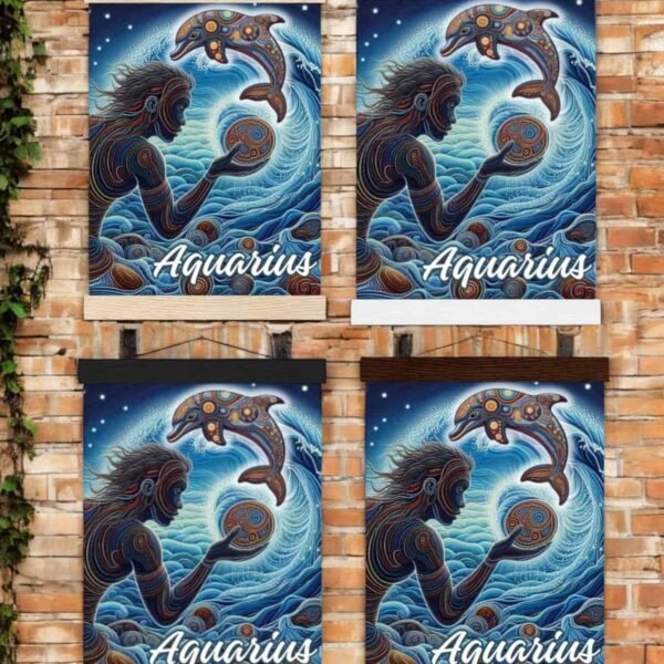 Aquarius Aboriginal Art Poster Four Aquarius Aboriginal Art Posters on a brick wall show a stylized Aquarius with flowing hair, holding a circle, facing a dolphin among swirling waves. Aquarius is written at the bottom of each poster.
