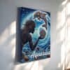 Aquarius Masculine Water Bearer and Dolphin Aboriginal Dot Art Canvas The Aquarius Masculine Water Bearer and Dolphin Aboriginal Dot Art Canvas features an abstract figure with long hair holding a circle, facing a dolphin among blue waves, with Aquarius at the bottom and sunlight casting shadows.