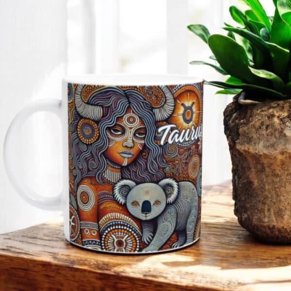The Taurus Horned Woman with Koala Aboriginal Art Coffee Mug showcases a vibrant design of a woman with long hair, horns, and facial markings holding a koala next to a plant, completed by the word Taurus and its symbol.