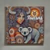 The Taurus Bull Horned Woman with Koala Aboriginal Astrology Dot Art Canvas features a vibrant woman with bull horns, dot patterns, and a koala amid zodiac motifs and circular designs, inspired by Aboriginal art.