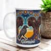Gemini Aboriginal Astrology Twin Women with Crow Mugs a mug with a picture of gemini twin women and a crow in Aboriginal art